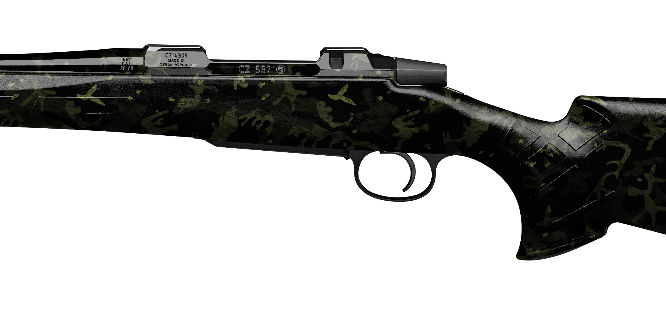 Schwarz-grüner Tarngewehrschaft mit Abzug, seitliche Ansicht.