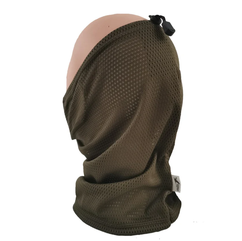 Olive Mesh-Sturmhaube mit Kordelzug, ideal für Airsoft-Schutz und Tarnung.