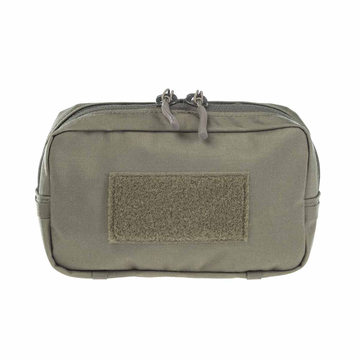 Taktische olivgrüne Gürteltasche mit Klettfläche und Doppelreißverschluss für Airsoft-Zubehör.