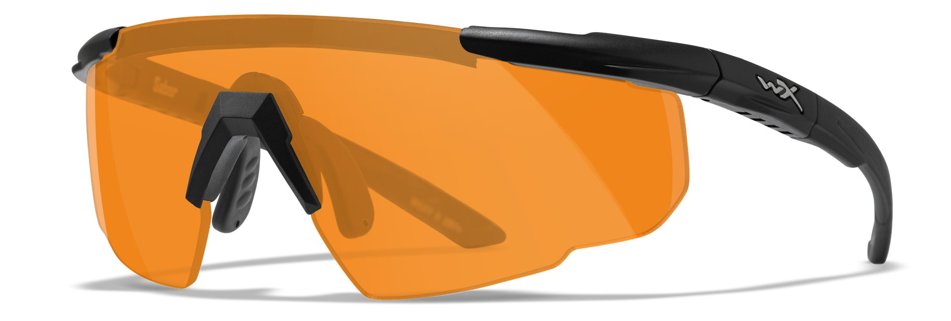 Sportbrille mit orangefarbenen Gläsern und schwarzem Rahmen, seitliche Ansicht.