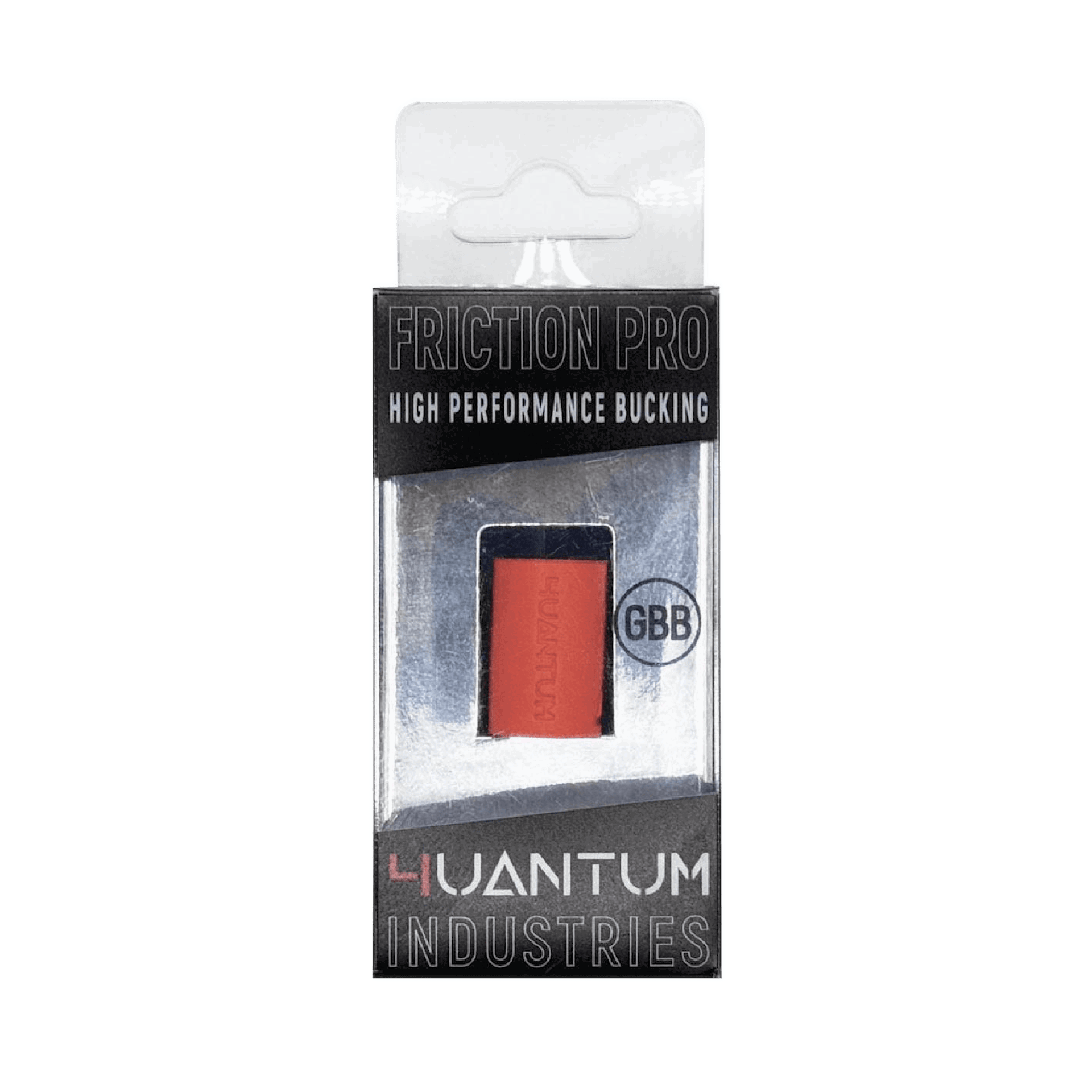 4UANTUM FRICTION PRO-HIGH PERFORMANCE GBB BUCKING Verpackung von Quantum Industries Friction Pro, High Performance Bucking, in einem transparenten Kunststoffgehäuse.