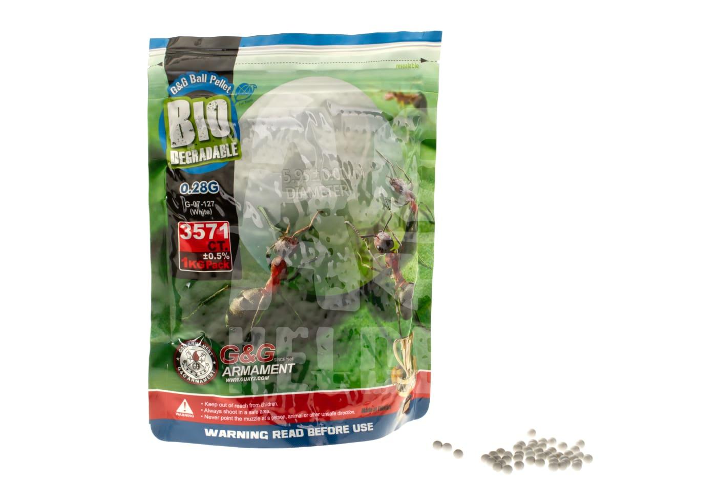 G&G 0.28g Bio Precision BBs 3570rds Biologisch abbaubare 0.28g Airsoft-BBs im 1kg Beutel mit Kugeln daneben.