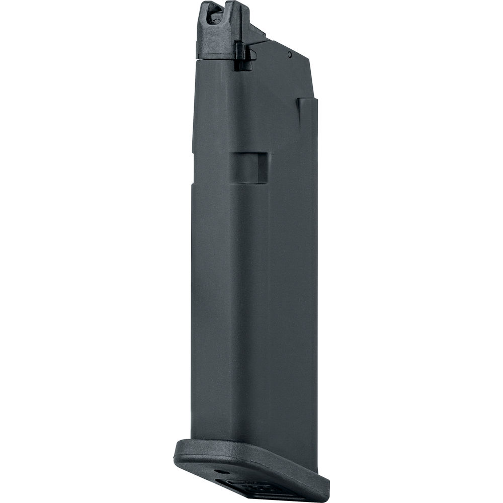 Schwarzes Airsoft-Pistolenmagazin, seitliche Ansicht.