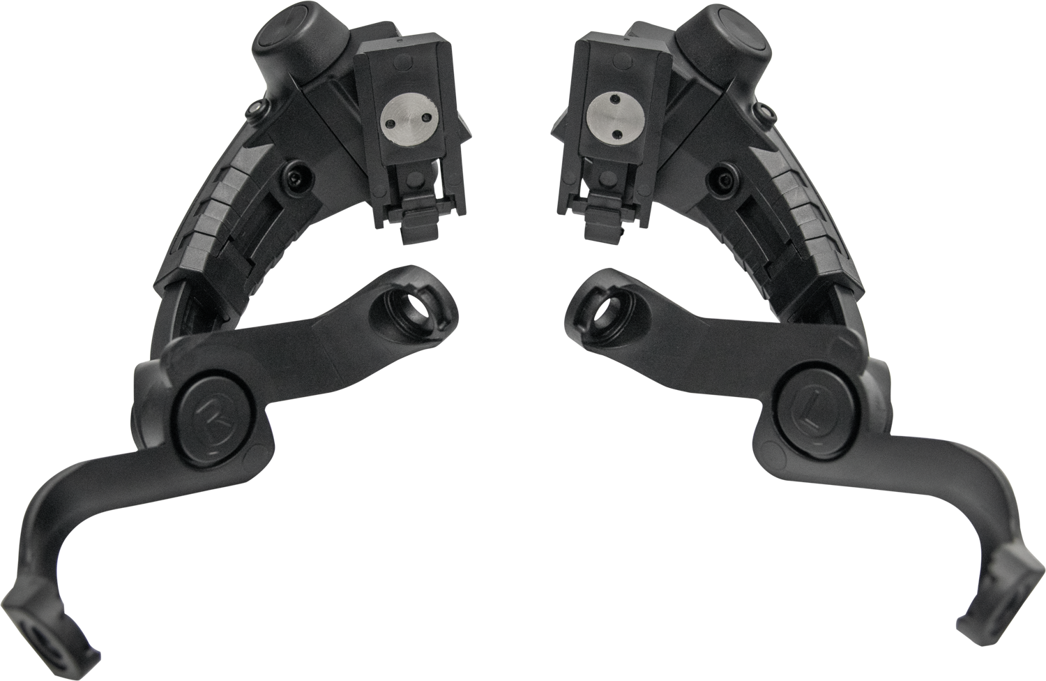 Earmor™ M16 Headset Adapter Taktische schwarze Montagearme für Airsoft-Helmzubehör, ineinandergreifend dargestellt.