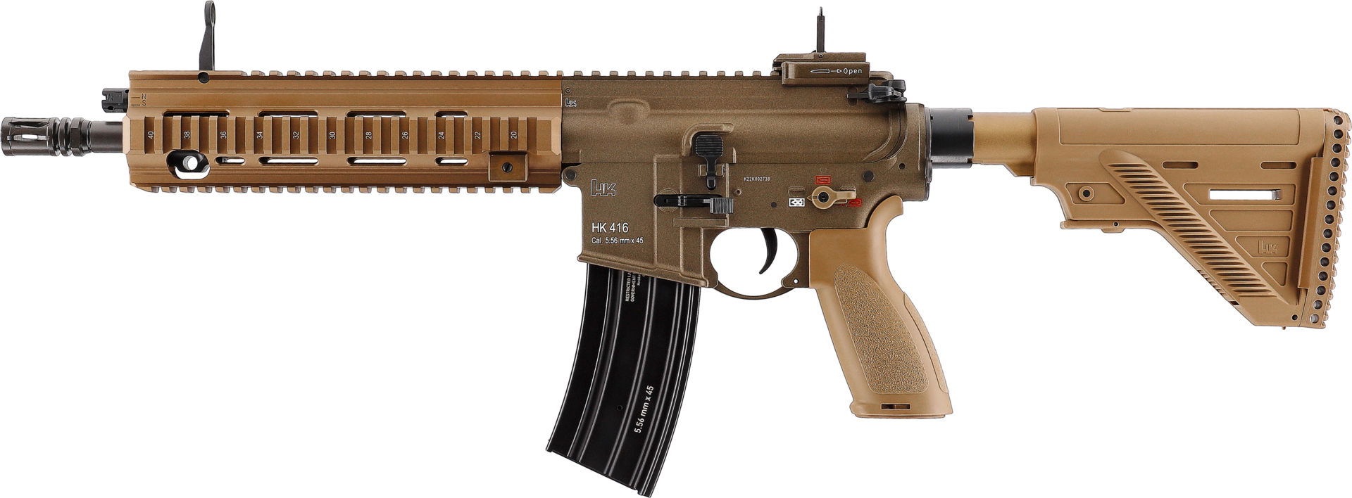 Tan AEG HK416 Airsoft-Gewehr, taktische Schiene, verstellbarer Schaft, 5.56mm Nachbildung.