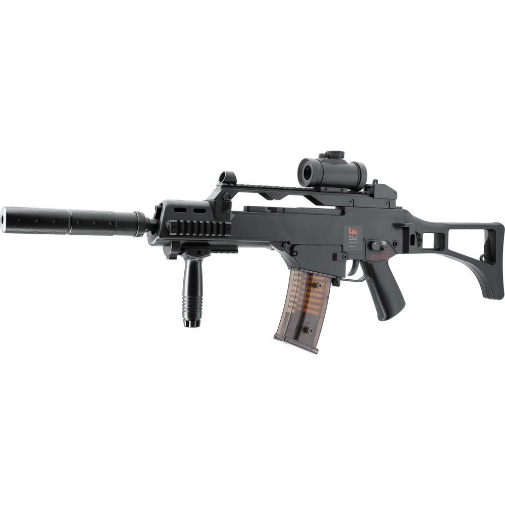 Airsoft HK G36C Gewehr mit Red-Dot-Visier und seitlicher Schiene, schwarzes Design.