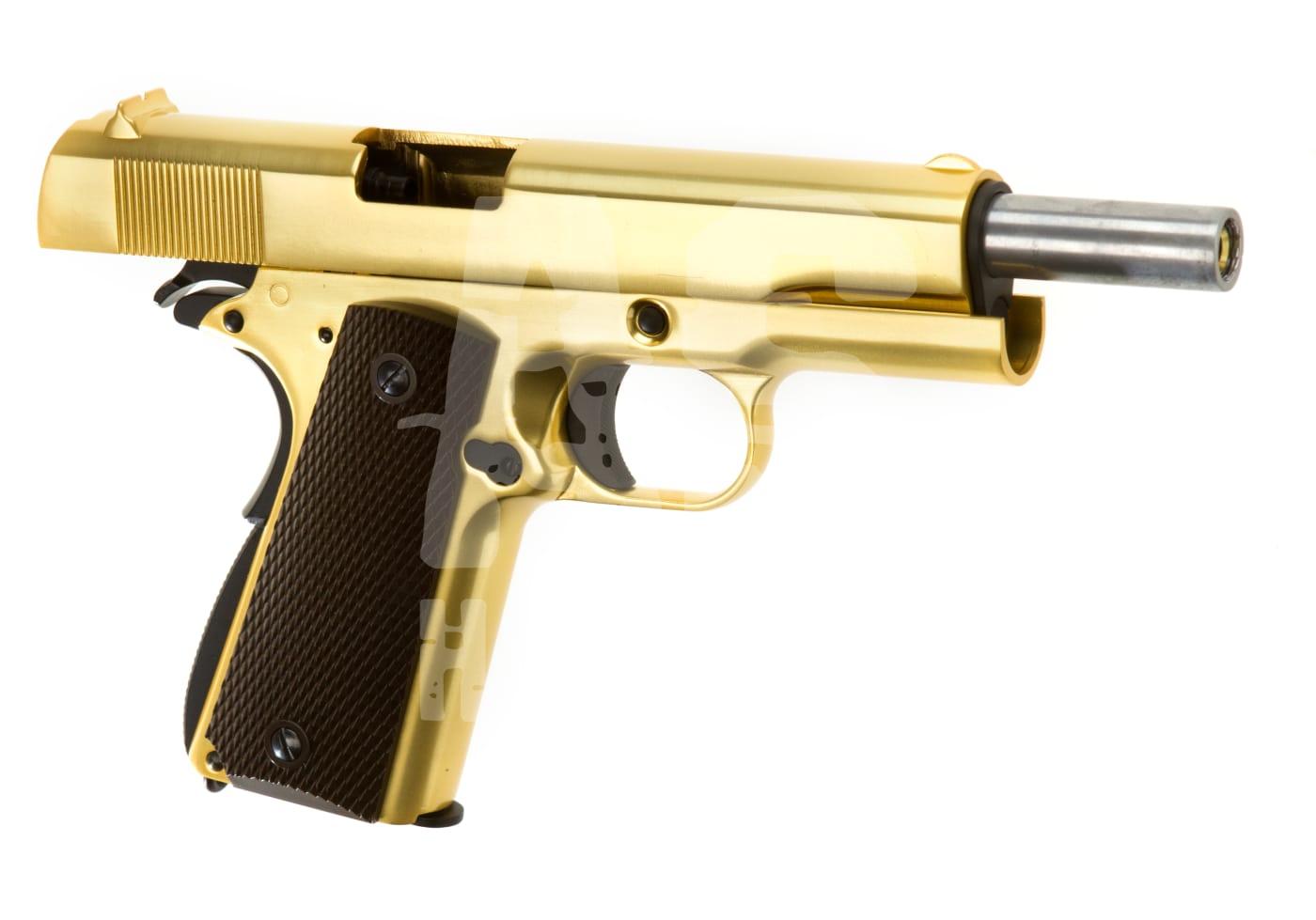 WE M1911 Full Metal GBB - ab 18 Jahren Goldene Airsoft-Pistole, Modell 1911, mit schwarzen Griffschalen, seitliche Ansicht.