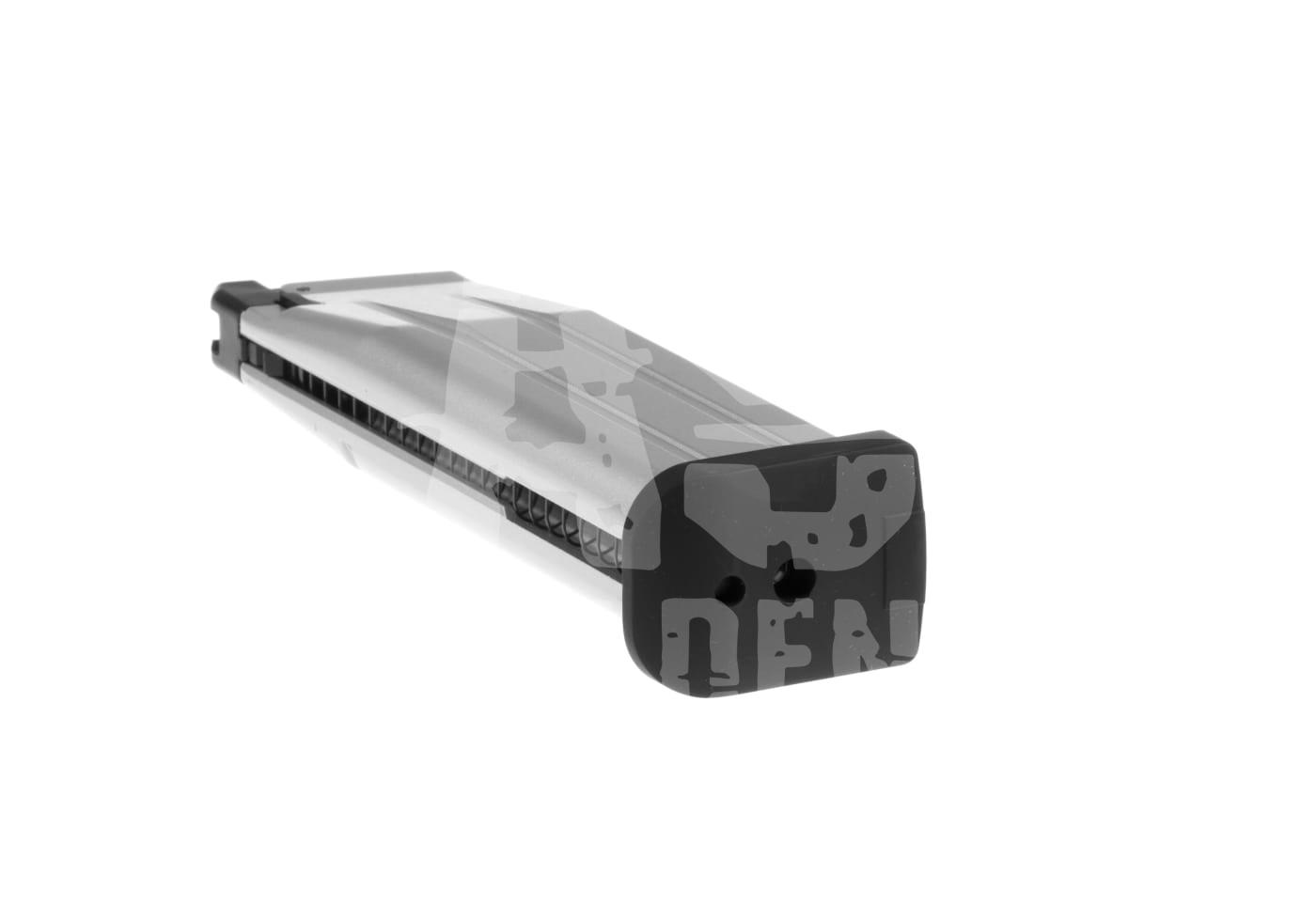 Silbernes Airsoft-Magazin mit schwarzem Bodenstück, seitliche Ansicht.