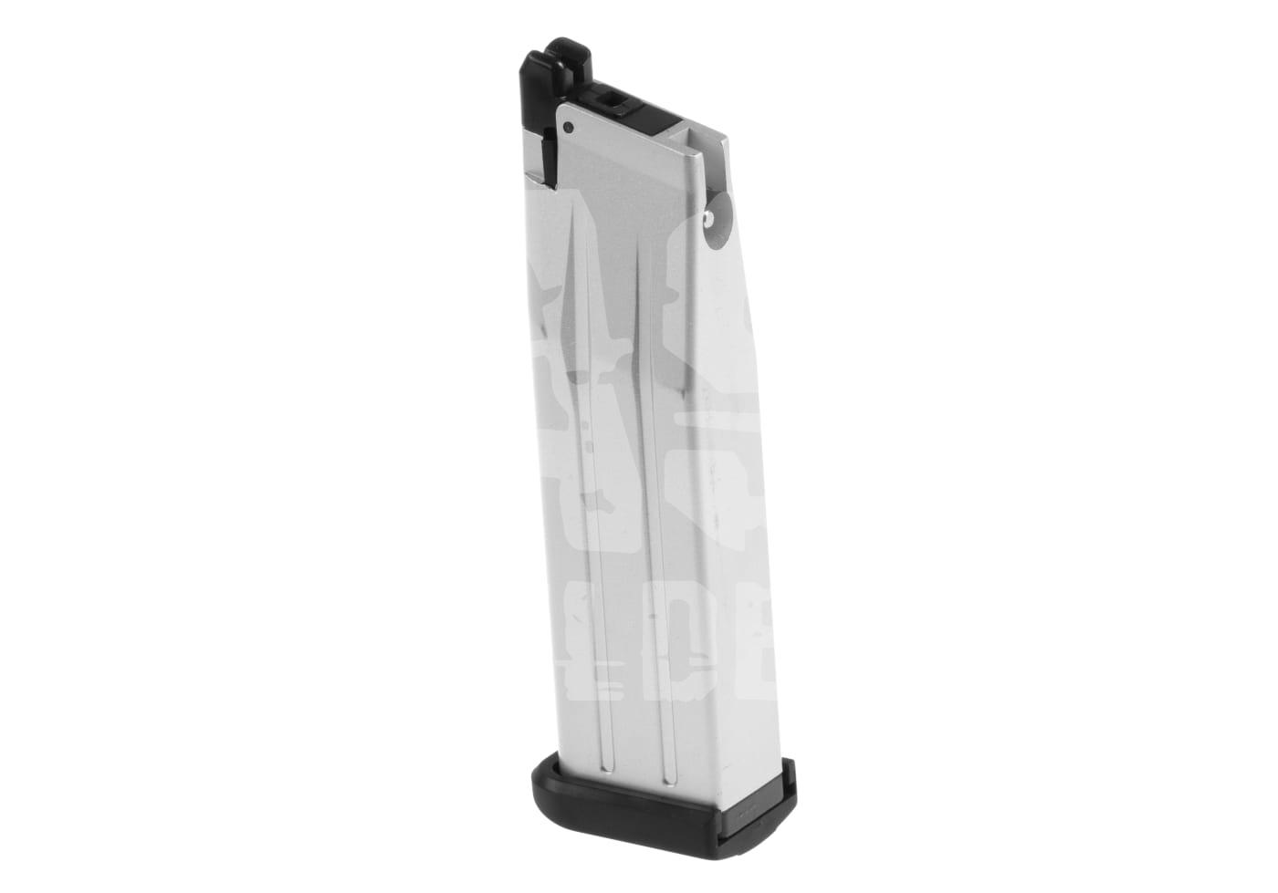 Silvernes Airsoftmagazin mit schwarzer Basis, Seitenansicht vor weißem Hintergrund.