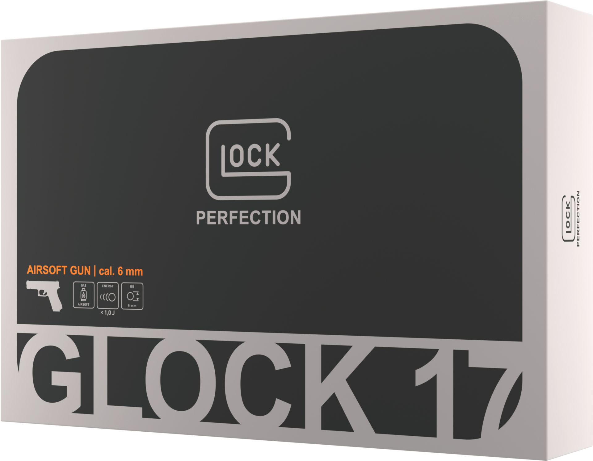 Verpackung einer Glock 17 Airsoft-Pistole, Kaliber 6 mm, mit "Perfection"-Logo.