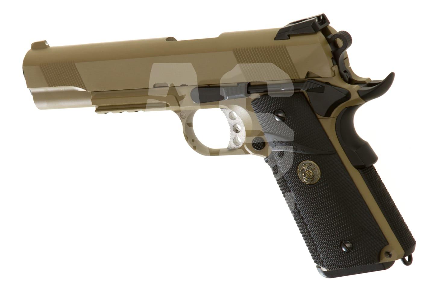 WE M1911 MEU Tactical Full Metal GBB - ab 18 Jahren Schwarze und sandfarbene Airsoft-Pistole, seitliche Ansicht.