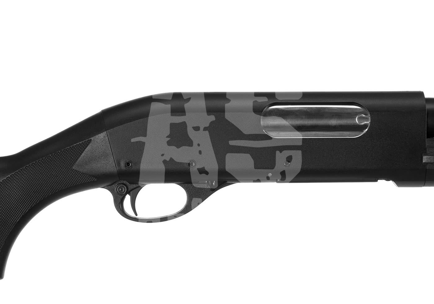 Cyma CM350 Shotgun - ab 18 Jahren Nahaufnahme eines schwarzen Airsoft-Schrotflinten-Abzugs mit taktischem Design.