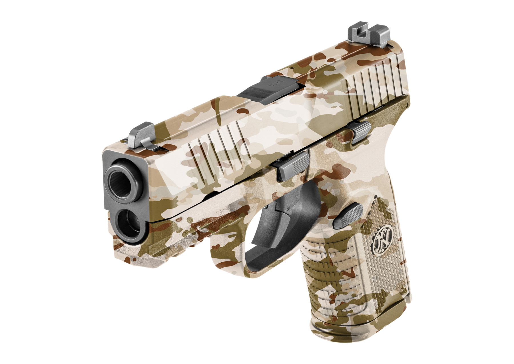 Tarnmuster-Pistole in Coyote-Muster, Seitenansicht, geeignet für Airsoft-Spiele.