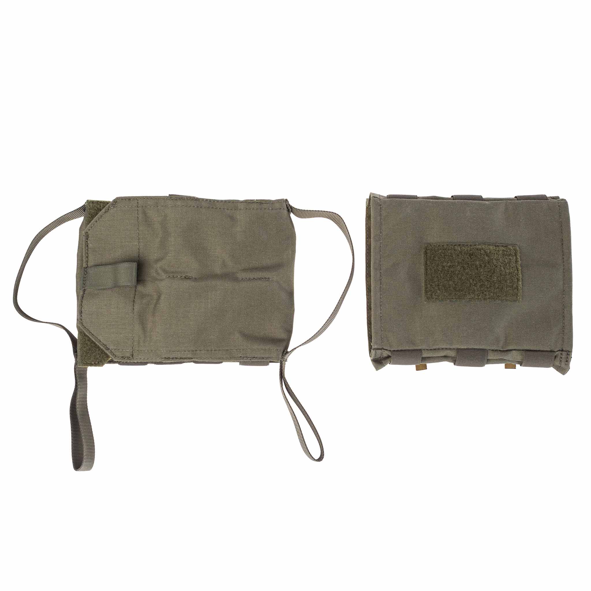 Grüne Airsoft-Magazintasche mit Klettverschluss und elastischen Bändern, Vorder- und Rückansicht.
