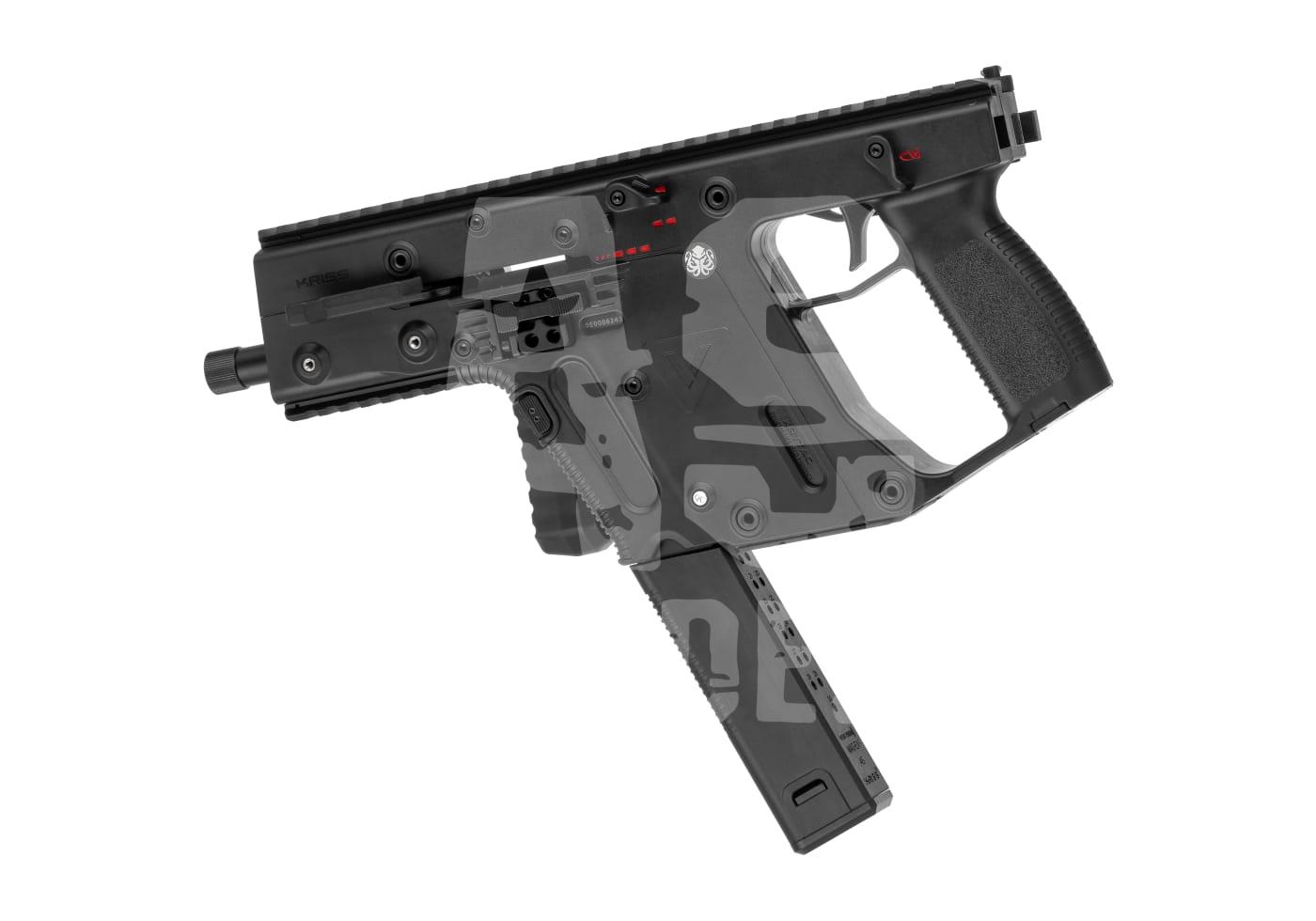 Krytac Kriss Vector S-GBB schwarz - ab 18 Jahren Schwarzer Airsoft-Karabiner mit markantem Design, seitliche Ansicht, taktisches Zubehör möglich.