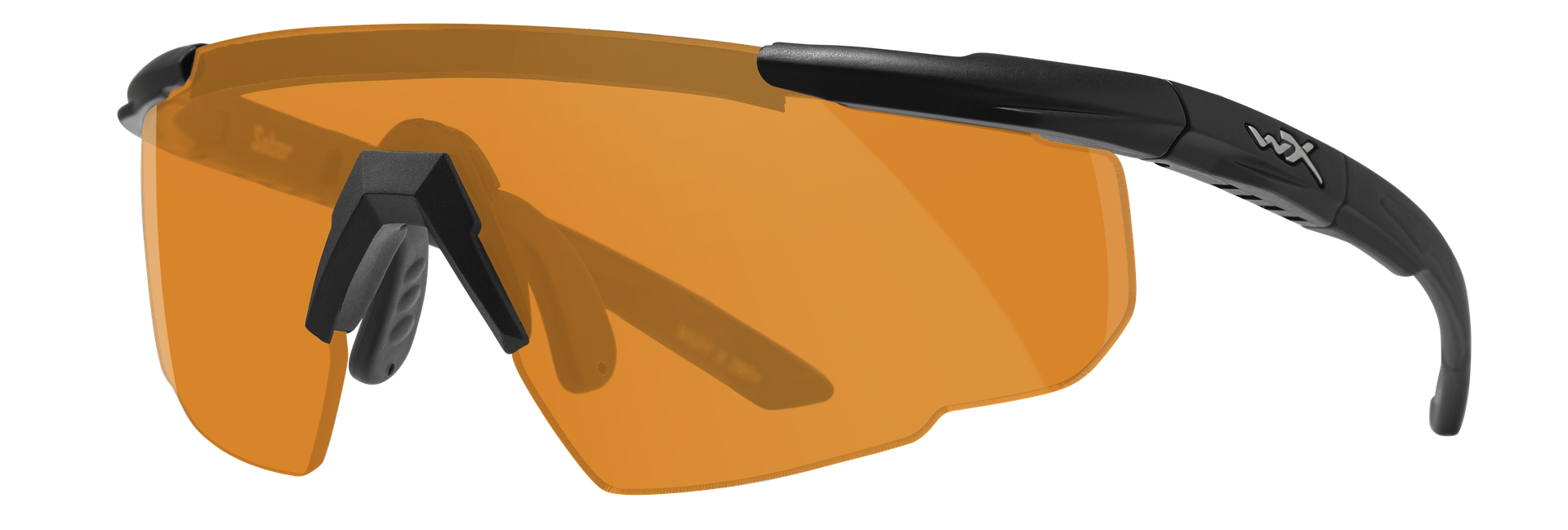 Sportbrille mit orangefarbenen Gläsern und schwarzem Gestell, seitliche WX-Logo.