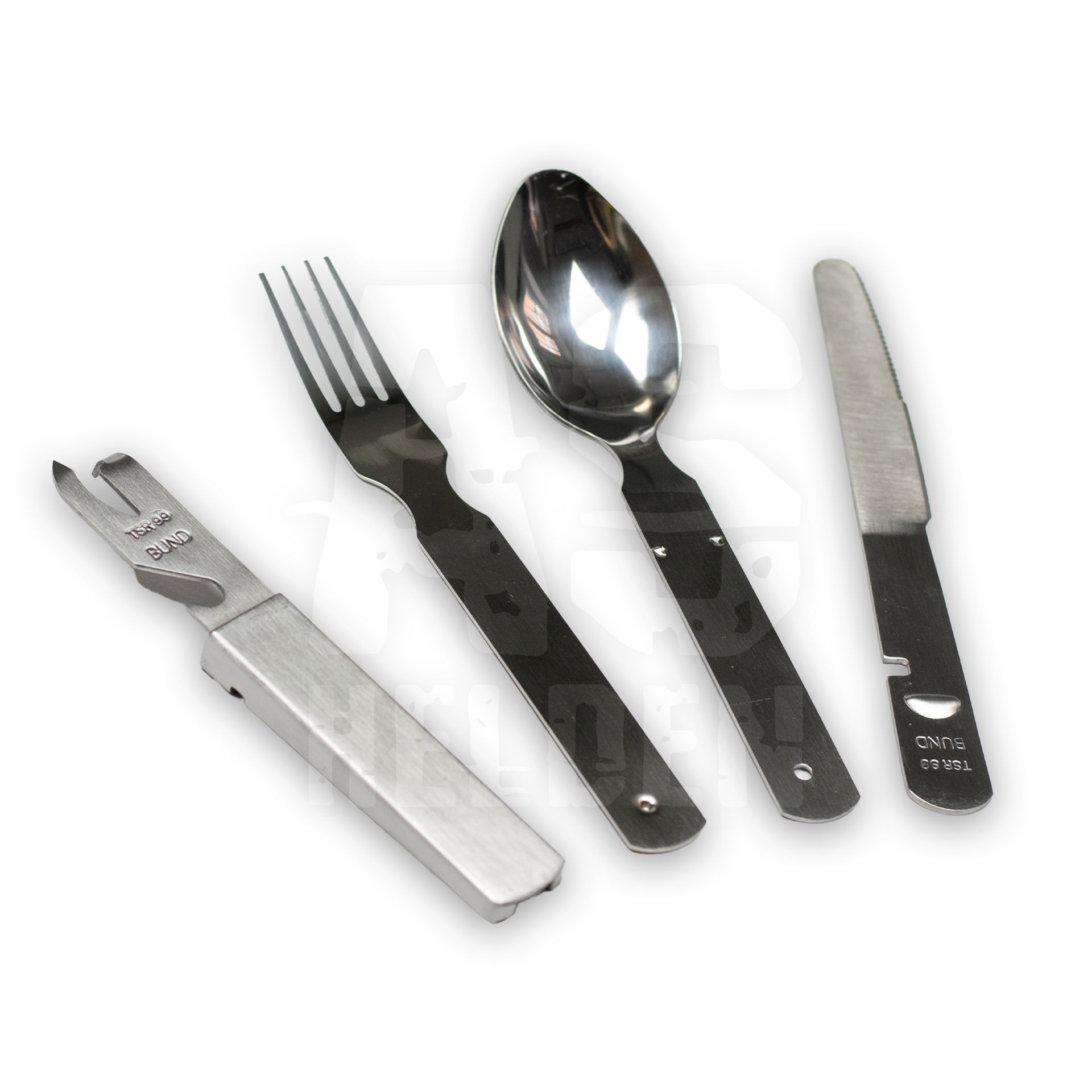 Praktisches Outdoor-Besteckset: Gabel, Löffel, Messer und Dosenöffner aus Metall für Camping oder Feldküche.