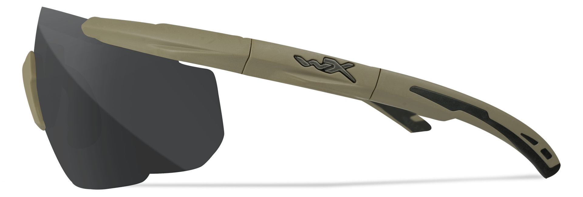 Sportliche Sonnenbrille mit dunkelgrauen Gläsern und beigem Gestell; seitlich „wx“ Logo.