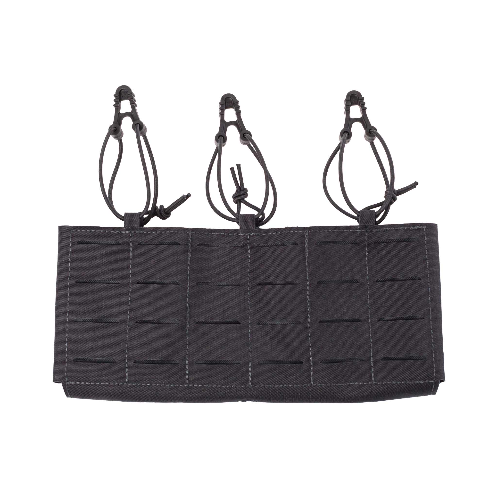 Schwarzes Airsoft-Magazintasche-Paneel mit elastischen Halteschlaufen und Lasercut-Molle-System.