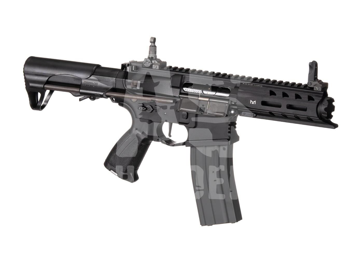 Kurzes Airsoft-Gewehr mit taktischem Schaft und Picatinny-Schiene.