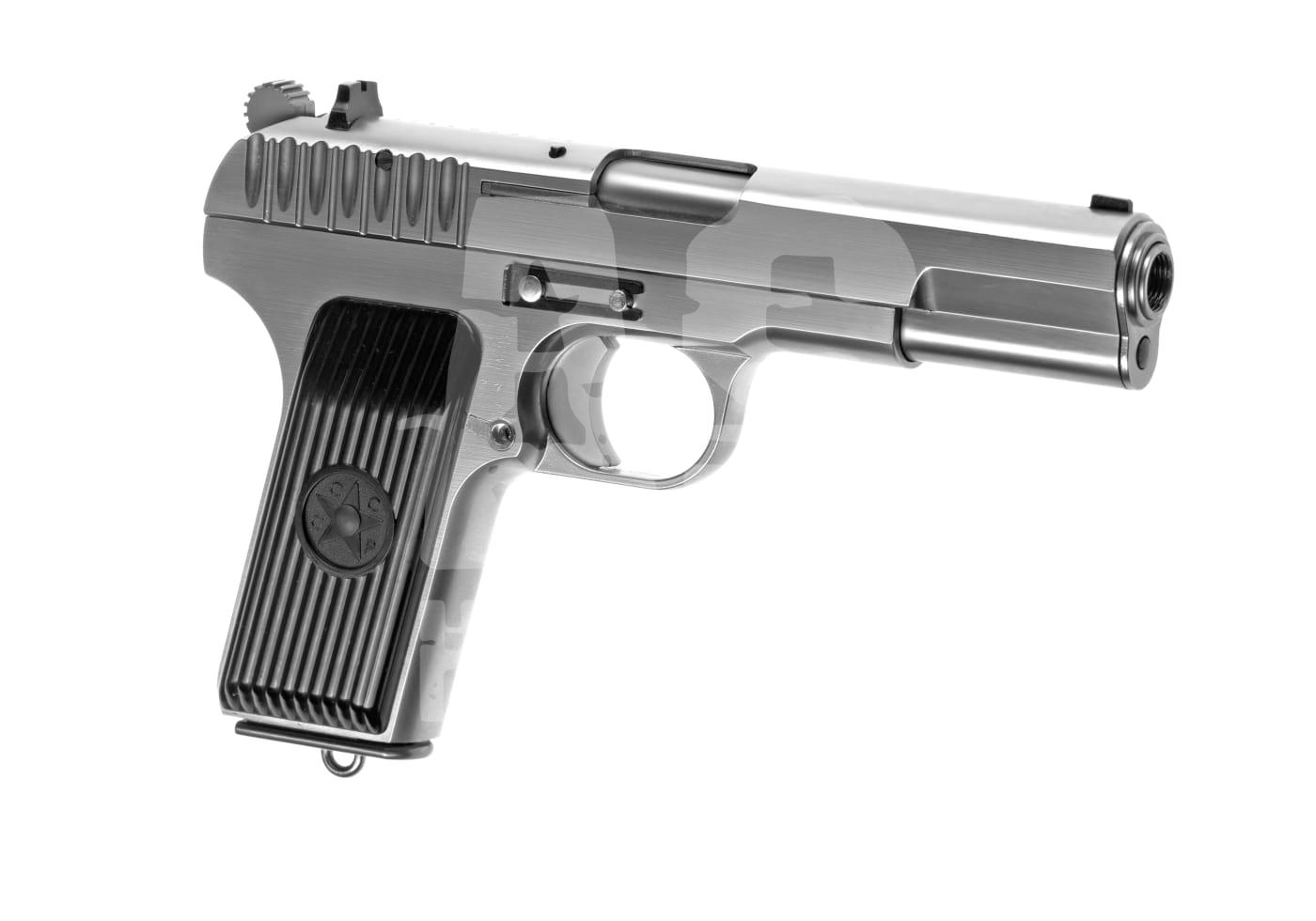 Silberne Airsoft-Pistole im klassischen Design, seitliche Ansicht.