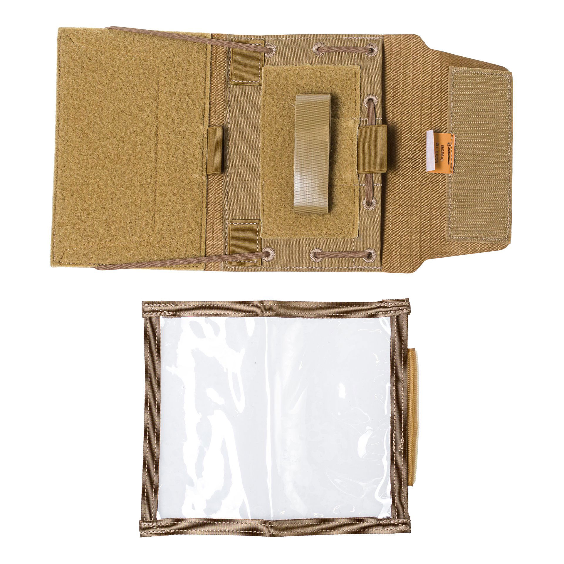 Lindnerhof Admin-Tasche MX116 Airsoft-Kartenhülle, offen, in Tan, mit durchsichtigem Plastikfach für Kartenaufbewahrung.