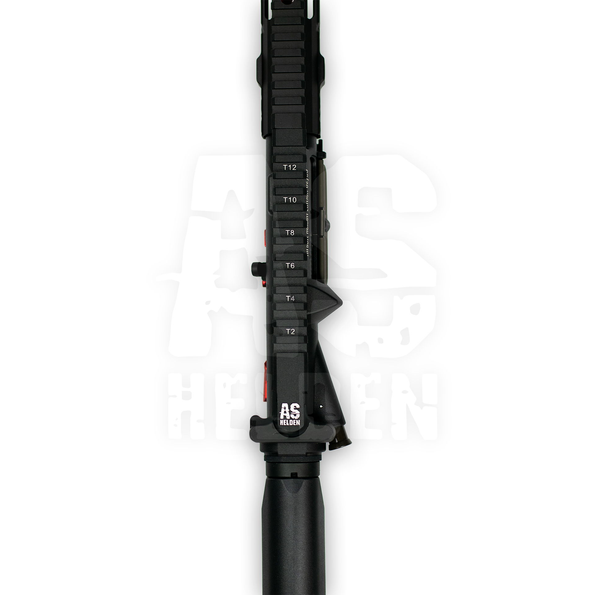 EMAG 11" Carbine S-HPA | AIRSOFT HELDEN EDITION - ab 18 Jahren Airsoft-Vorderschaft mit Picatinny-Schiene, seitliche Sicht, AS Helden-Logo sichtbar.