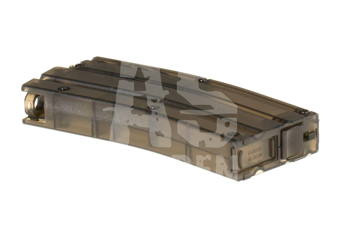 Transparentes Airsoft-Magazin mit seitlichen Rillen, liegend dargestellt.