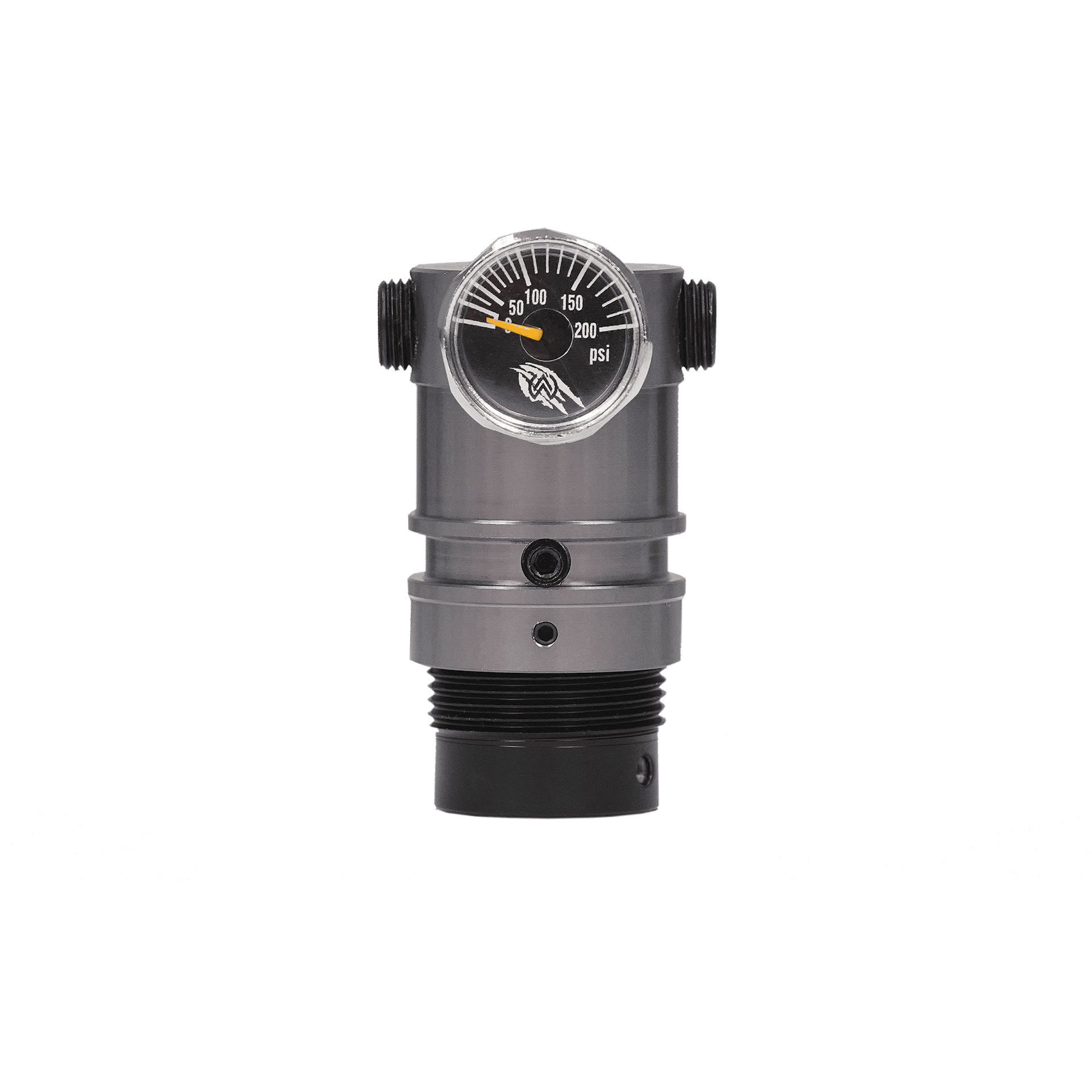 Silberner Airsoft-Druckregler mit Manometeranzeige bis 200 psi.