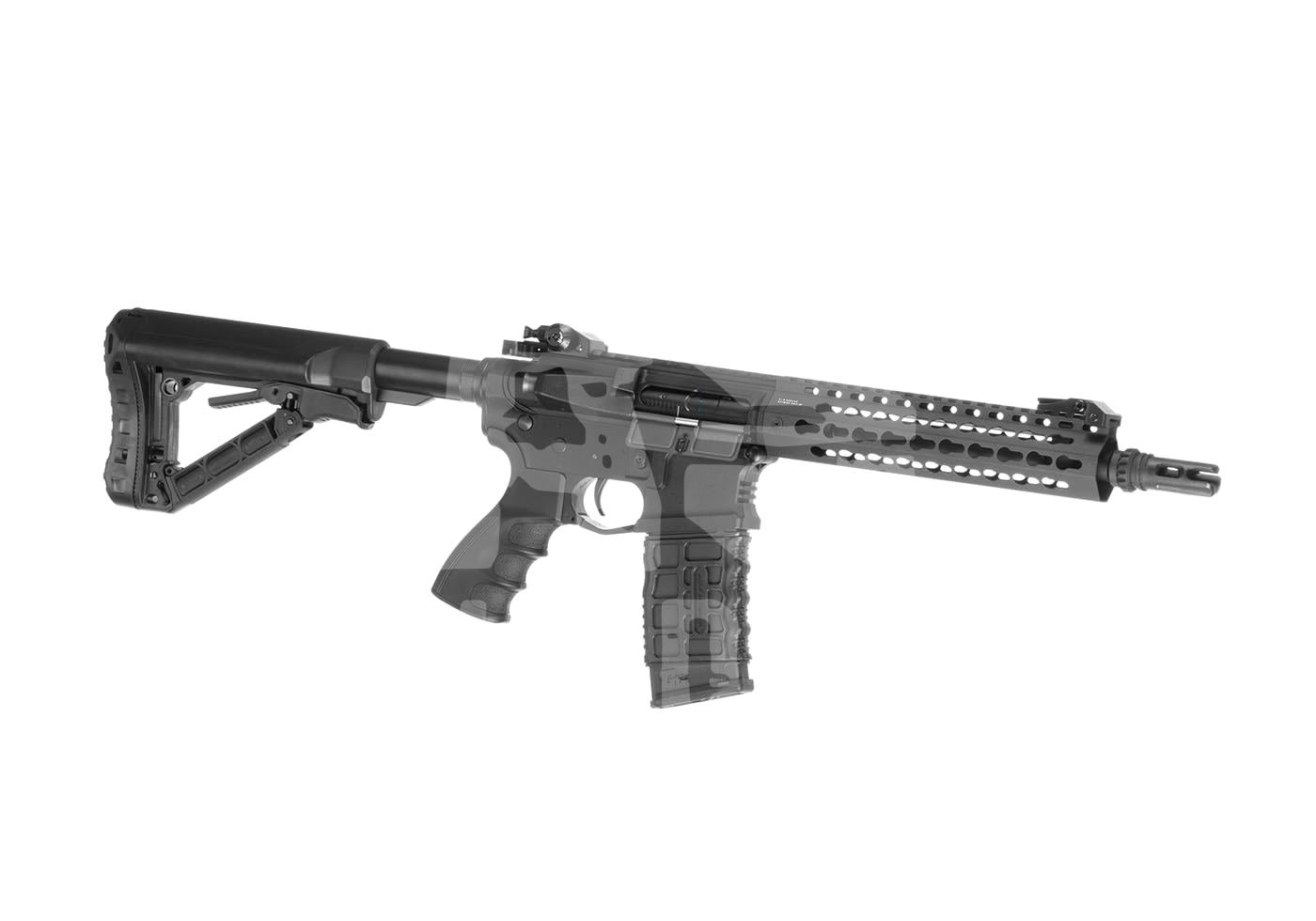 Schwarzes Airsoft-Sturmgewehr mit verstellbarer Schulterstütze und perforierter Handguard.