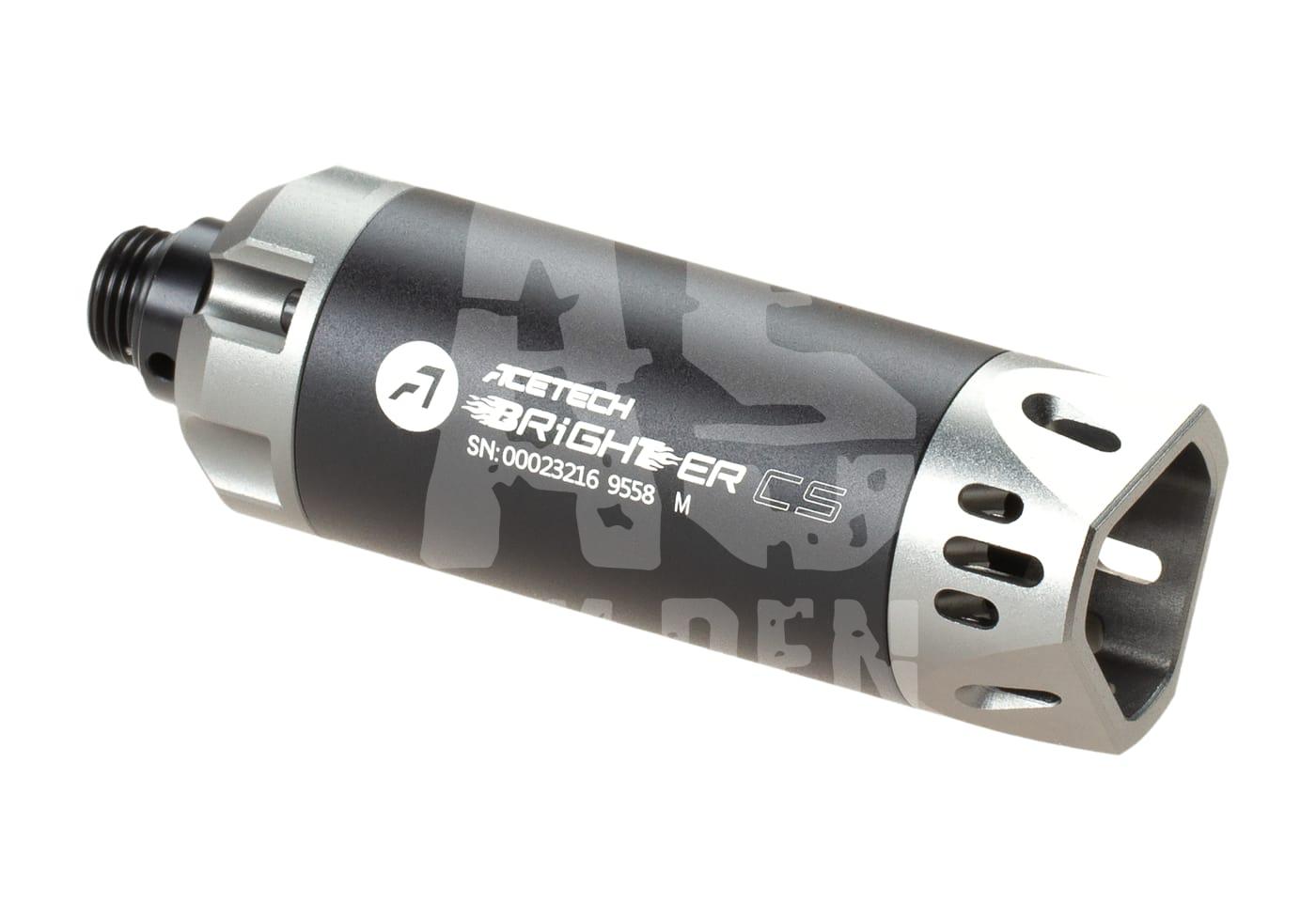 Acetech Brighter CS Airsoft-Tracer-Einheit, silber-schwarz, zylindrisch mit Lüftungsschlitzen.