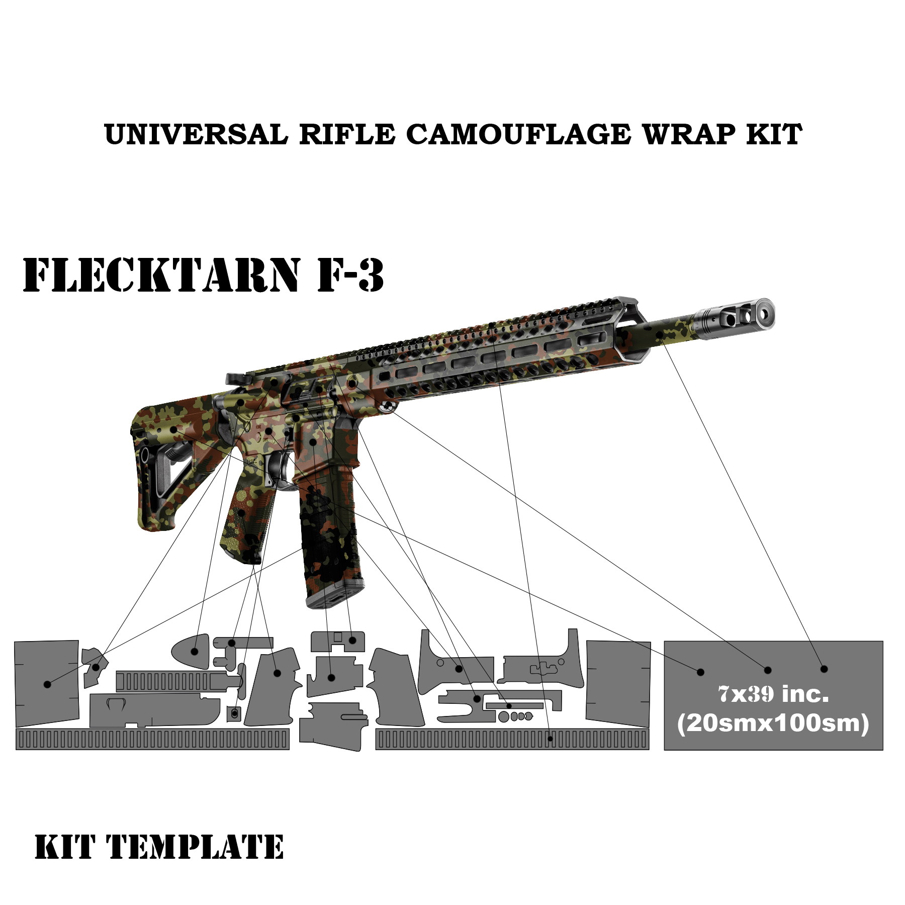 Camouflage-Kit für Gewehre im Flecktarn-Design, inkl. Vorlagen für Teileanpassung.