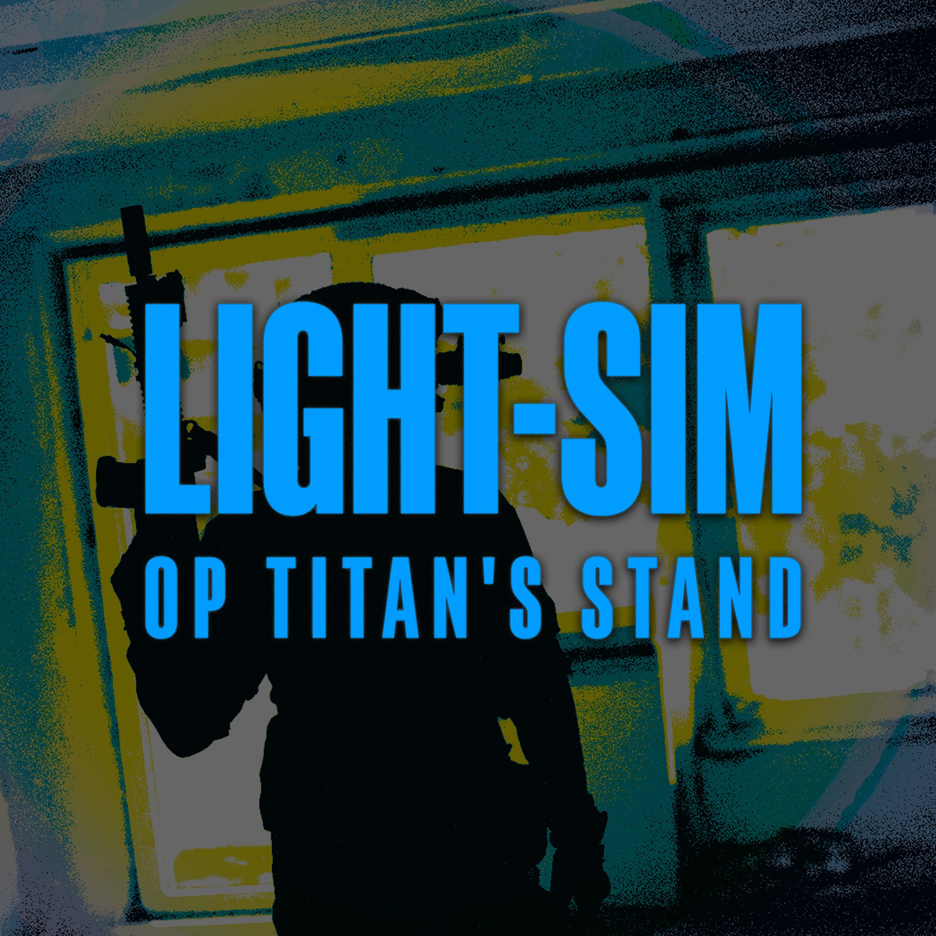 Silhouette eines Airsoft-Spielers mit Gewehr, umgeben von Text "LIGHT-SIM OP TITAN'S STAND".