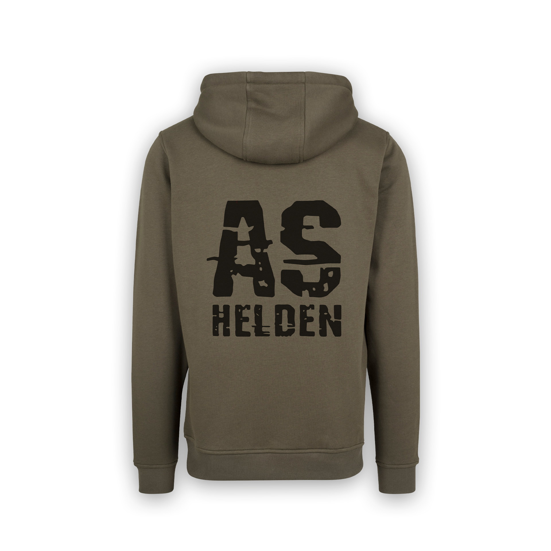 Olivenfarbener Hoodie mit "AS Helden" Schriftzug auf dem Rücken, Kapuzenform.