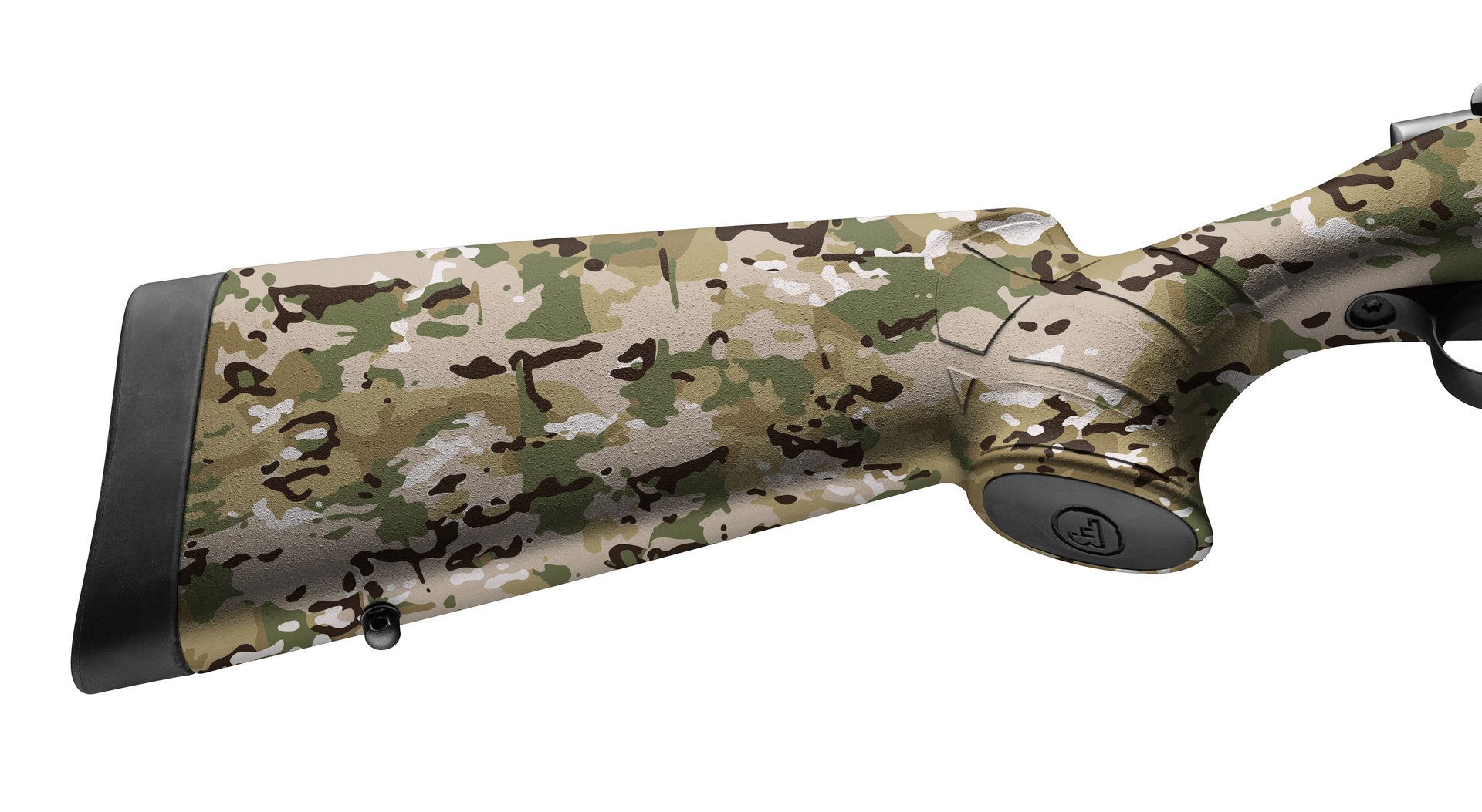 Tarnmuster-Gewehrschaft in Grün, Beige und Braun mit schwarzer Gummischaftkappe, geeignet für Airsoft-Spiele.