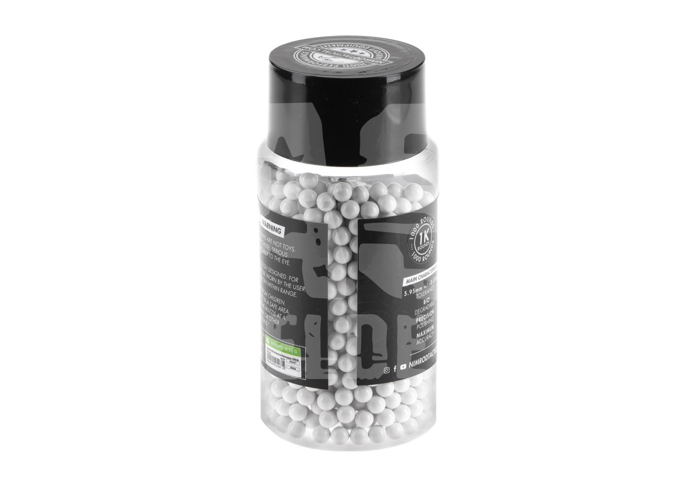 Nimrod 0.36g Bio BB Professional Performance 1000rds Flasche mit weißen Airsoft-BBs, 1000 Stück, schwarzer Deckel, etikettiert.