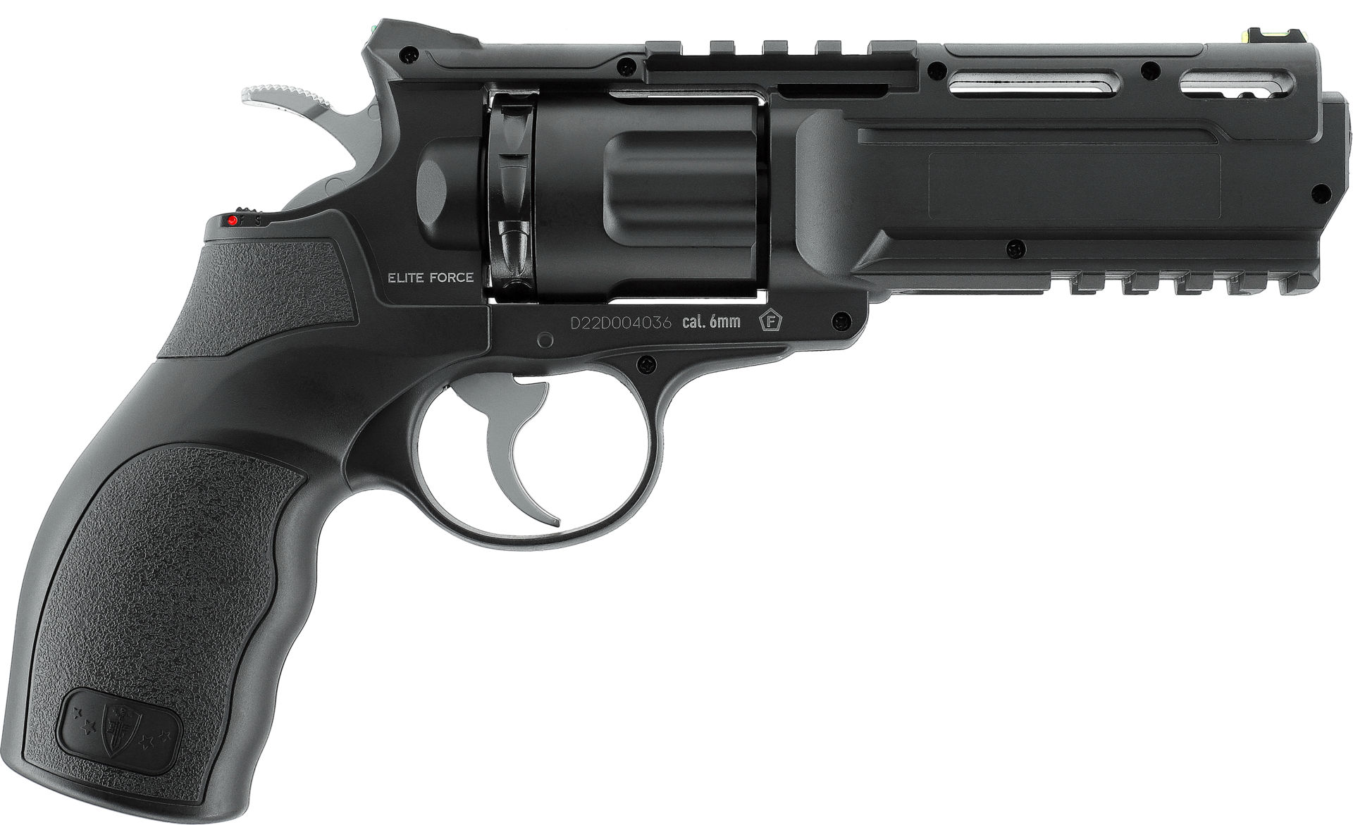 Airsoft-Revolver Elite Force, schwarz, Kaliber 6 mm, Tactical Design mit Metall-Lauf und Griffstück.