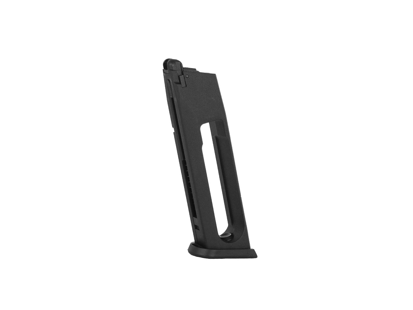 ASG CZ P-09 Magazin CO² 25 Rds Schwarzes Airsoft-Pistolenmagazin in vertikaler Position vor weißem Hintergrund.