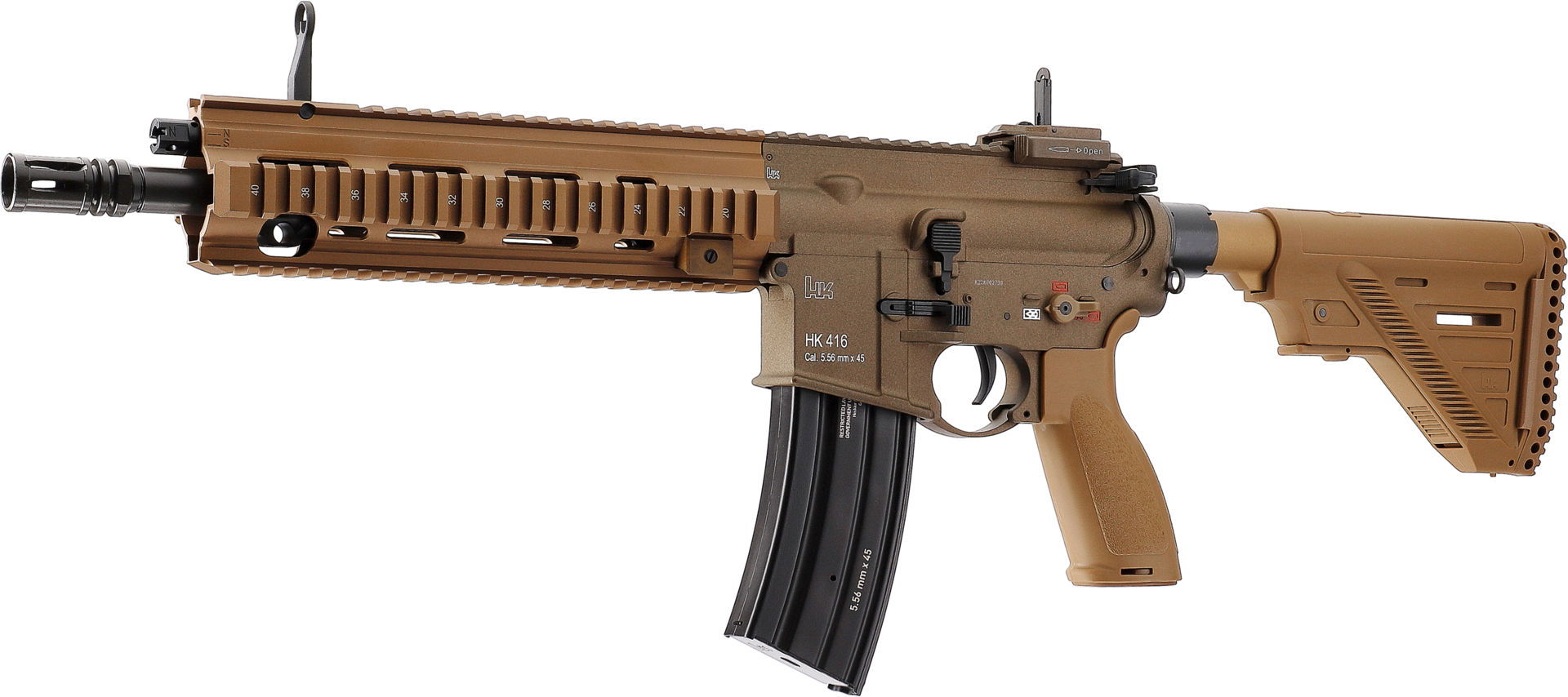 Airsoft-Nachbildung eines HK 416 Gewehrs in Tan, mit taktischer Schiene und verstellbarem Schaft.