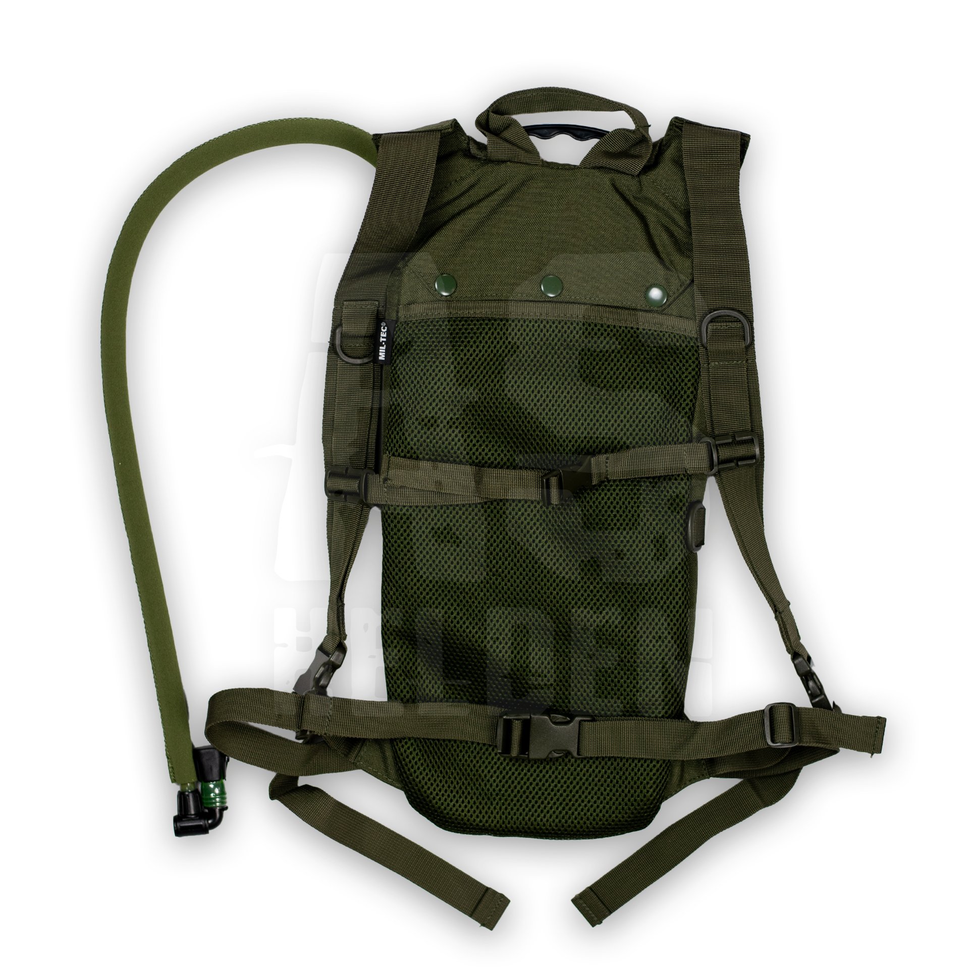 Olivegrünes Trinkrucksack-System mit Schlauch und verstellbaren Gurten für Airsoft- oder Outdoor-Einsätze.