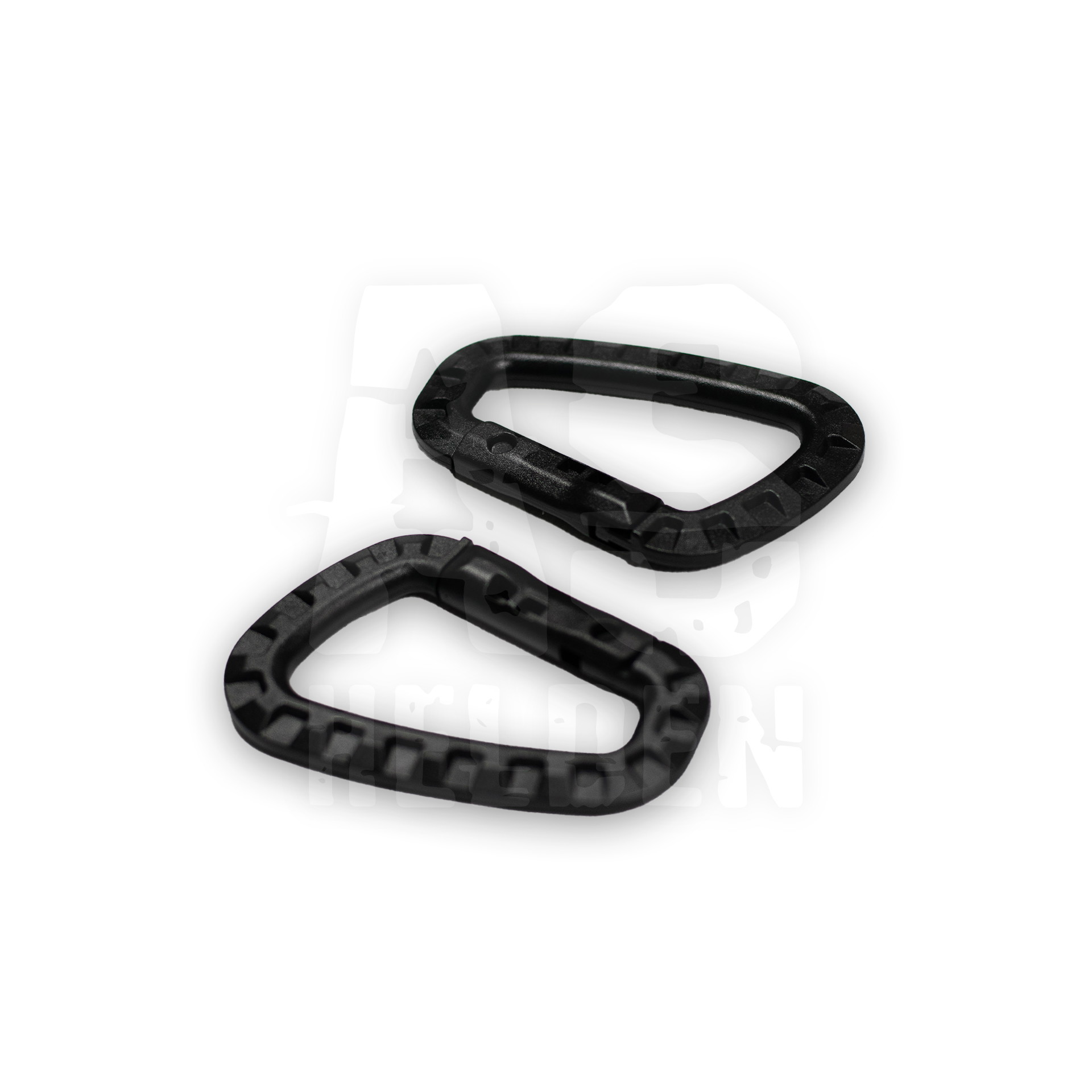 Zwei schwarze Kunststoffkarabiner für Airsoft-Ausrüstung auf weißem Hintergrund.