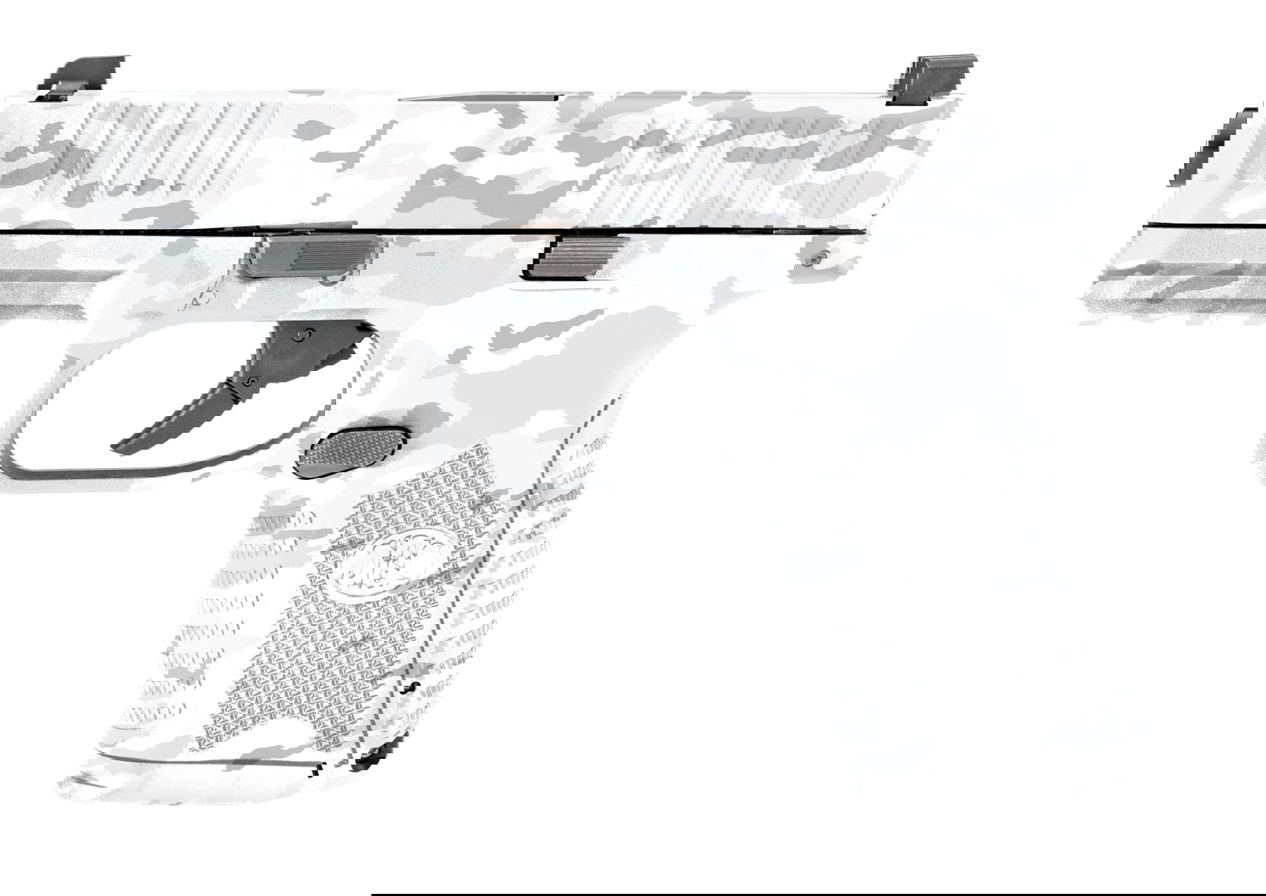 Airsoft-Pistole mit weiß-grauem Tarnmuster, modernes Design, kompakte Größe.