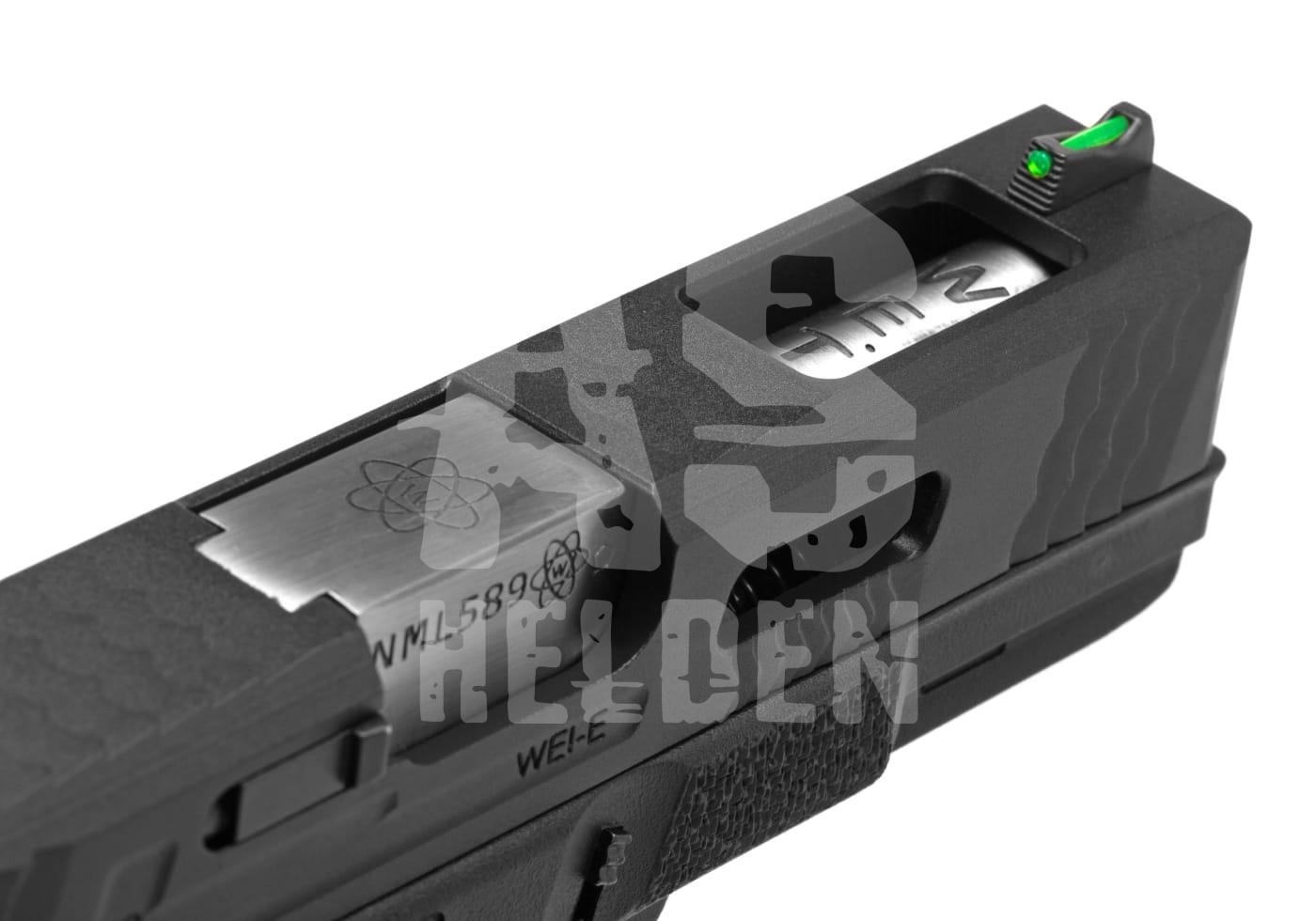 Airsoft-Pistole mit Slide Cut-Outs und grünem Visier. Ideal für präzises, taktisches Spiel.