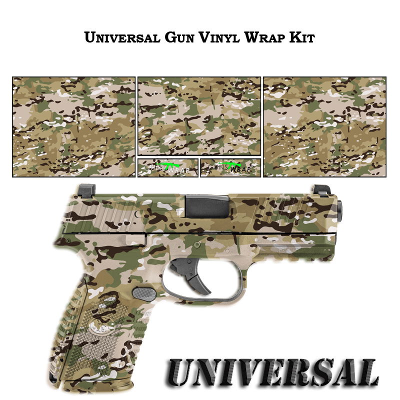 Universal Gun Vinyl Wrap Kit, Tarnmuster für Pistolen, beinhaltet mehrere Folien und Beispiel mit umwickelter Waffe.