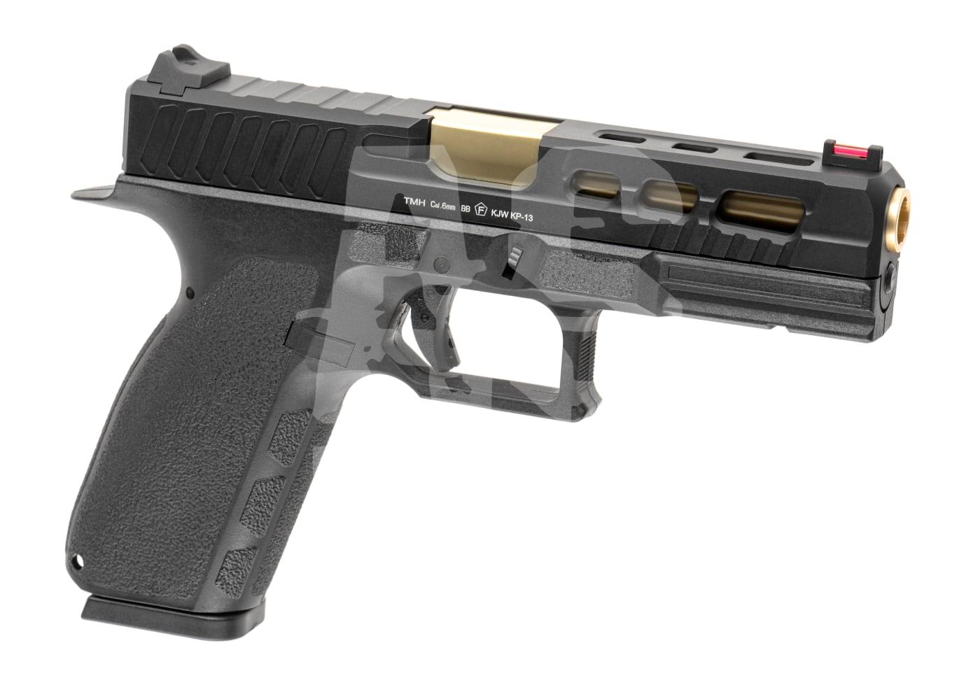 KJ Works KP-13 Custom Metal Version GBB - ab 18 Jahren Schwarz-goldene Airsoft-Pistole mit strukturiertem Griff und offenem Schlitten.