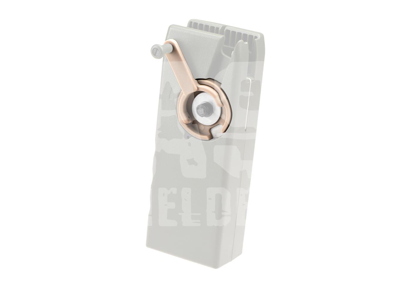 Airsoft BB Speedloader mit Kurbelmechanismus in hellem Design, transparentes Overlay-Logo.