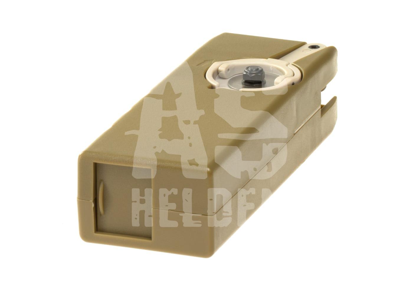 Braunes Airsoft-Feeder-Tool in rechteckiger Form mit runder Öffnung oben.