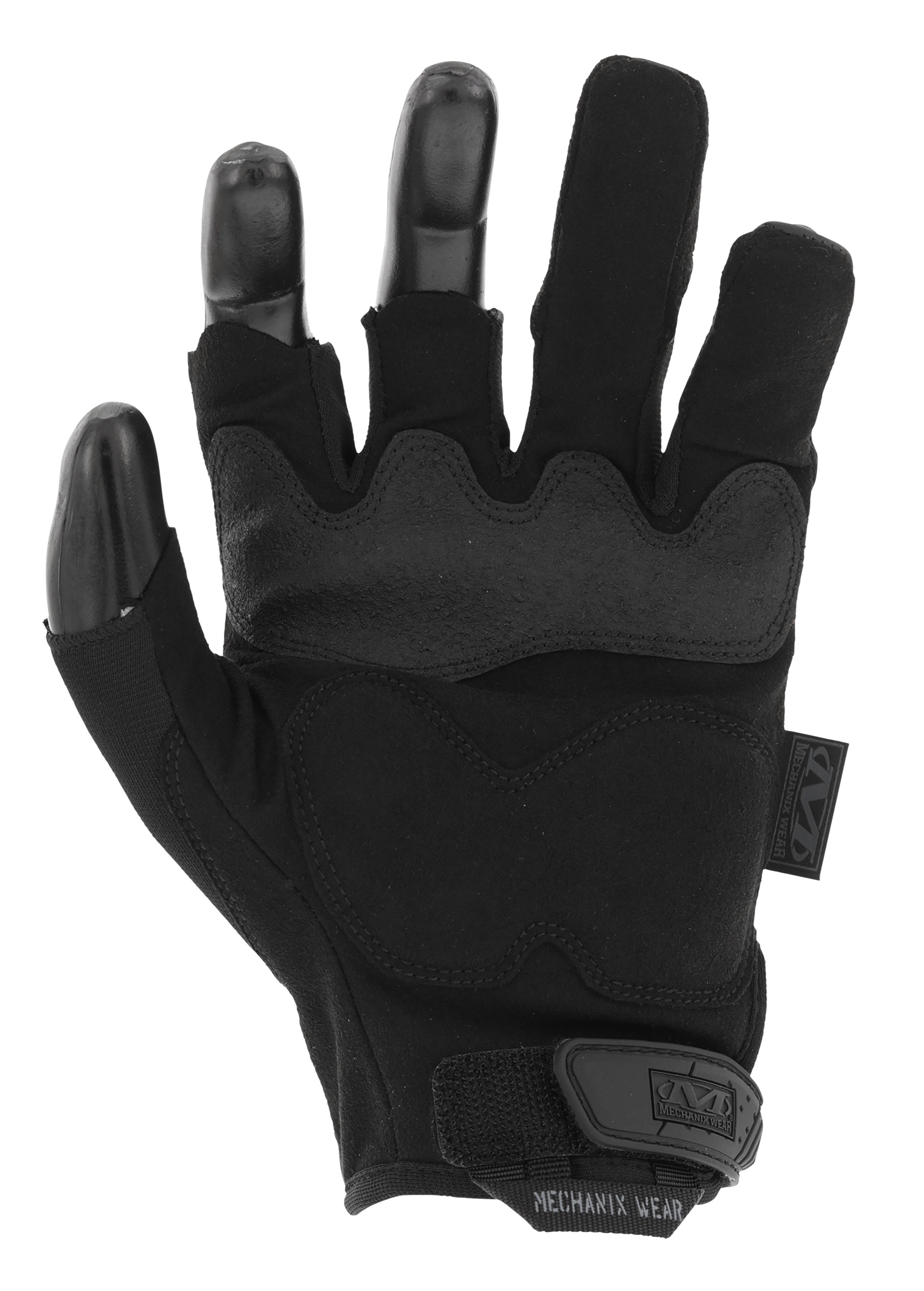 Schwarzer, fingerloser Airsoft-Handschuh mit Verstärkungen und Klettverschluss.