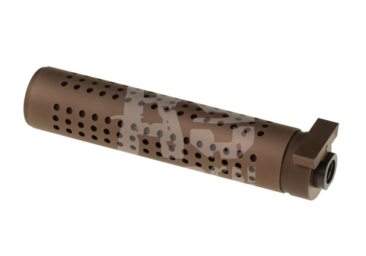 Brauner Airsoft-Schalldämpfer mit Tarnmuster und Perforationen für Laufmontage.