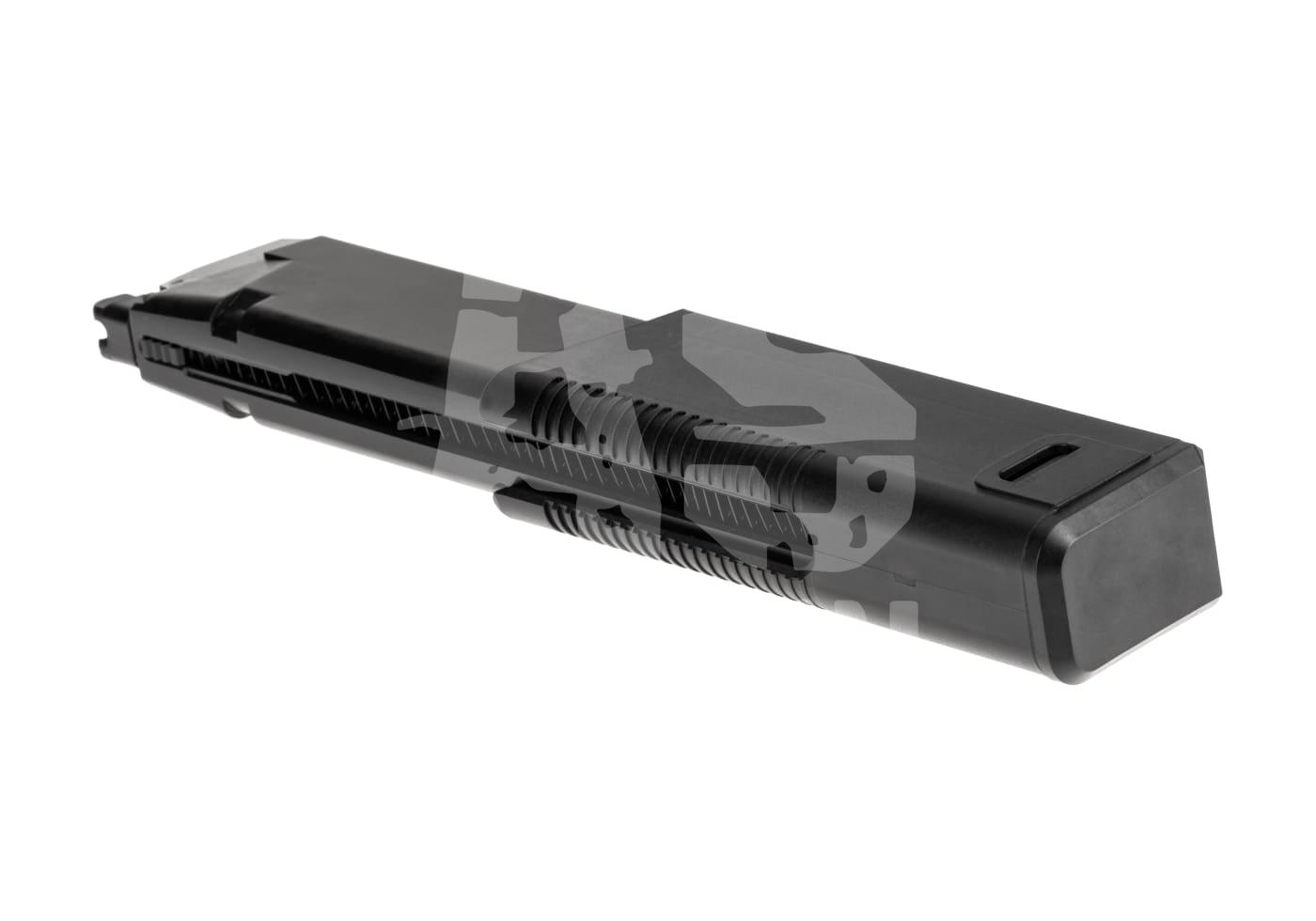 Schwarzer Airsoft-Pistolen-Schlitten mit texturierter Oberfläche und modernem Design.